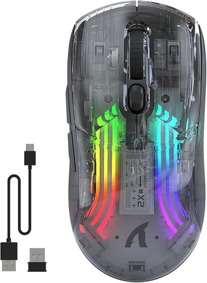 ATTACK SHARK X2 Wireless Gaming Mouse, Bluetooth RGB Rechargeable Mouse with Three Modes (BT5.0/2.4Ghz/Type C), 2400 DPI, Ergonomic Mouse with Transparent Shell, PC/MAC/Tablet, Black
